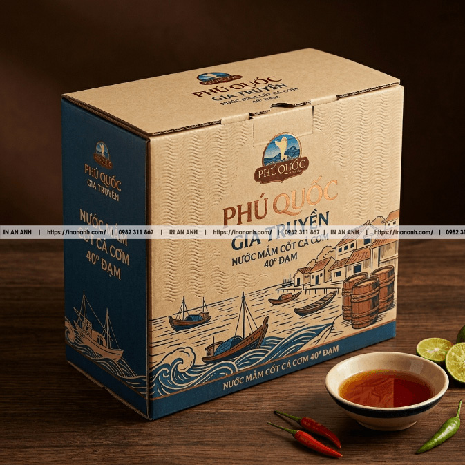 Mẫu hộp carton sóng nước mắm làng nghề Phú Quốc nắp gài thẳng kraft