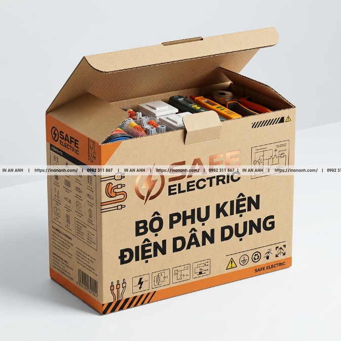 Mẫu hộp carton sóng phụ kiện điện dân dụng nắp gài ngược kraft