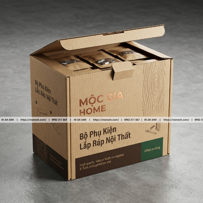 Mẫu hộp carton sóng đựng phụ kiện nội thất đáy tự khóa kraft