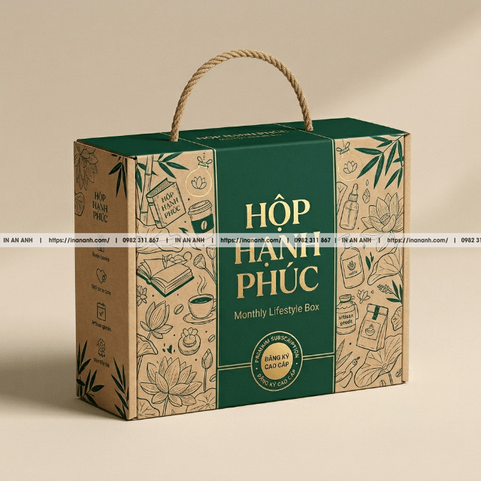 Mẫu hộp carton sóng subscription box quai xách dây kraft