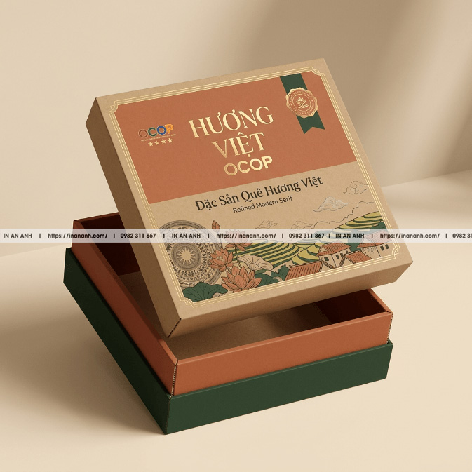 Mẫu hộp carton sóng đặc sản OCOP hộp âm dương kraft họa tiết vùng miền