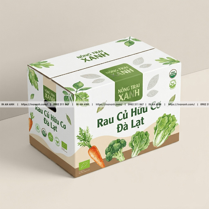 Mẫu hộp carton sóng rau củ hữu cơ nắp gài thẳng duplex xanh