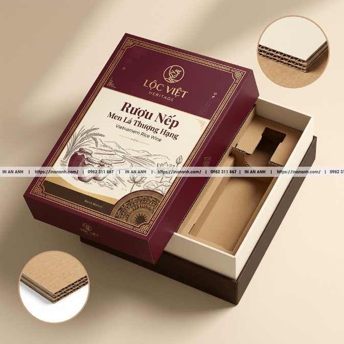 Mẫu hộp carton sóng rượu quà tặng quai xách dây duplex đỏ