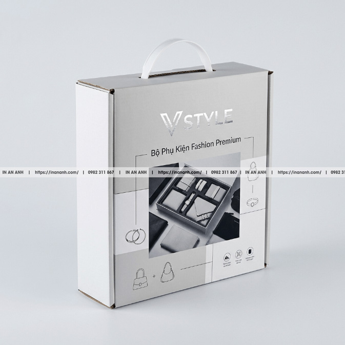 Mẫu hộp carton sóng đựng phụ kiện thời trang quai xách nhựa duplex