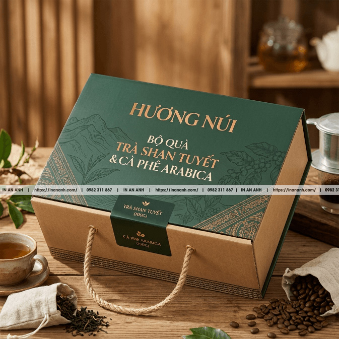 Mẫu hộp carton sóng đựng trà cà phê quai xách dây kraft