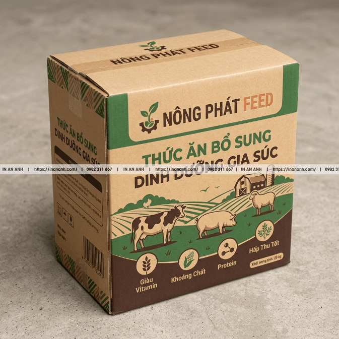 Mẫu hộp carton sóng đựng thức ăn chăn nuôi nắp gài thẳng kraft