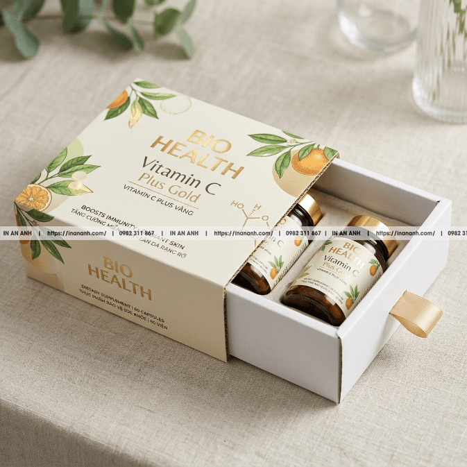 Mẫu hộp carton sóng đựng vitamin hộp trượt ivory xanh