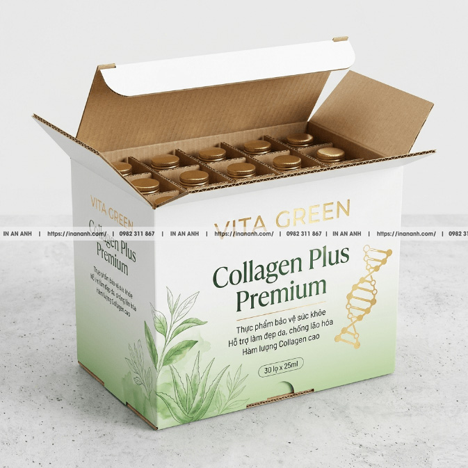 Mẫu hộp carton sóng đựng dược phẩm nắp gài ngược ivory trắng