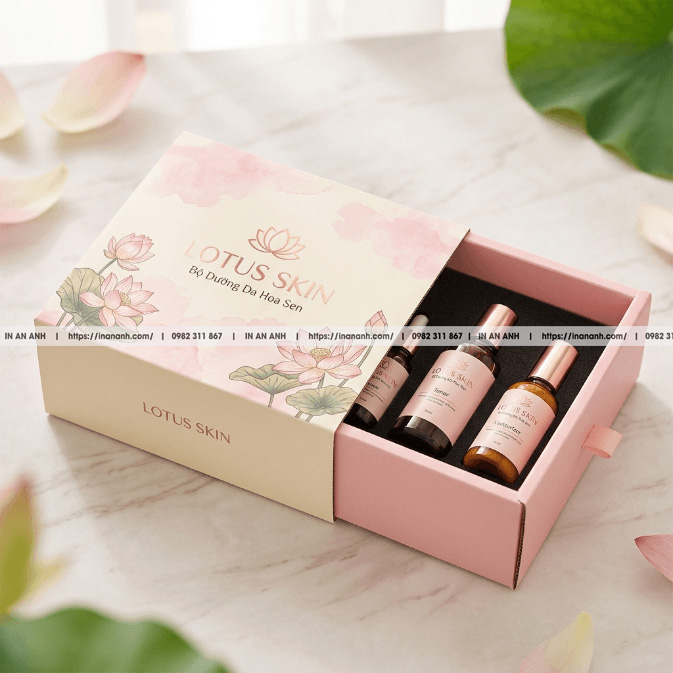 Mẫu hộp carton sóng đựng mỹ phẩm hộp trượt ivory hồng