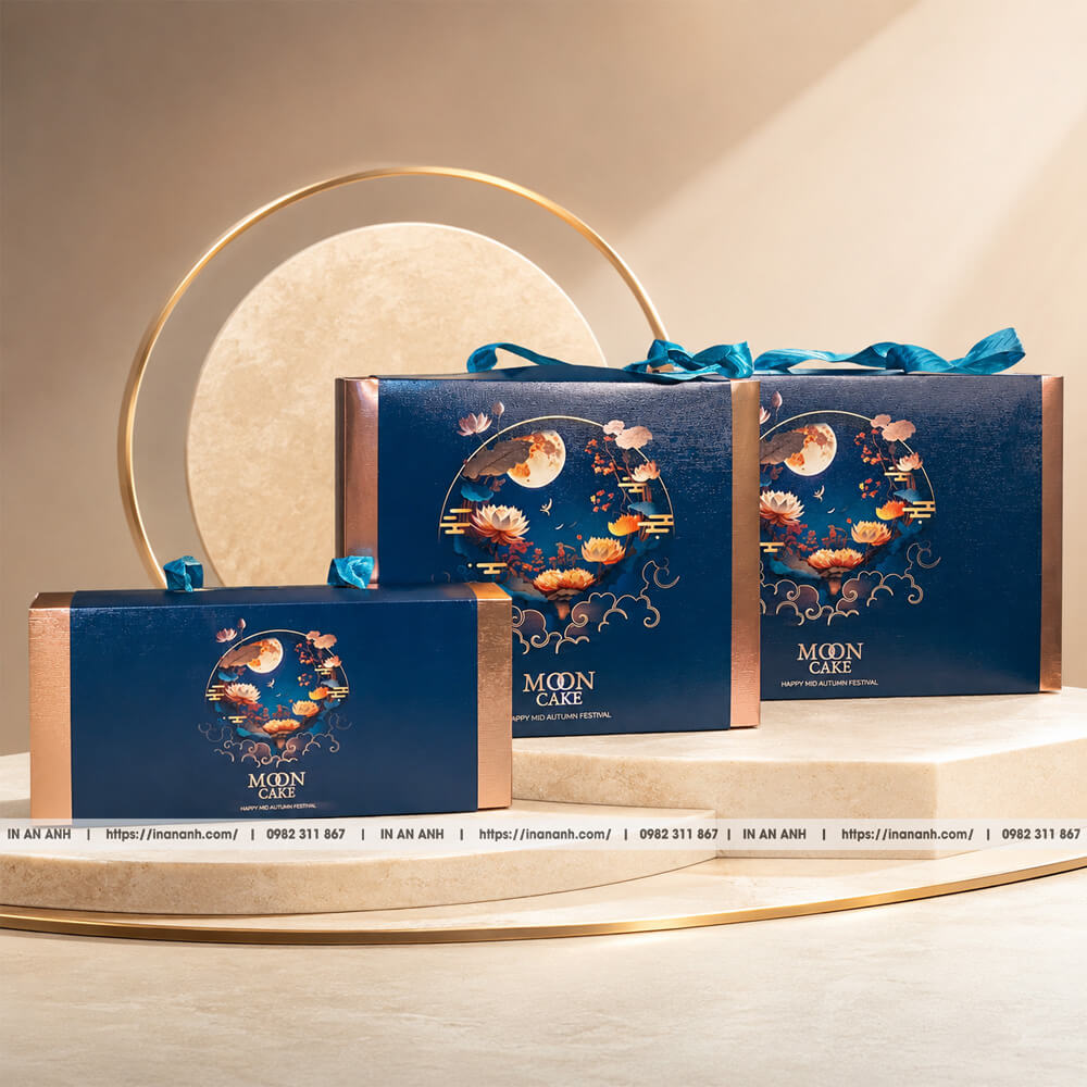 Hộp giấy bánh trung thu dây lụa xách mẫu sen xanh ngọc cá nước biểu tượng may mắn