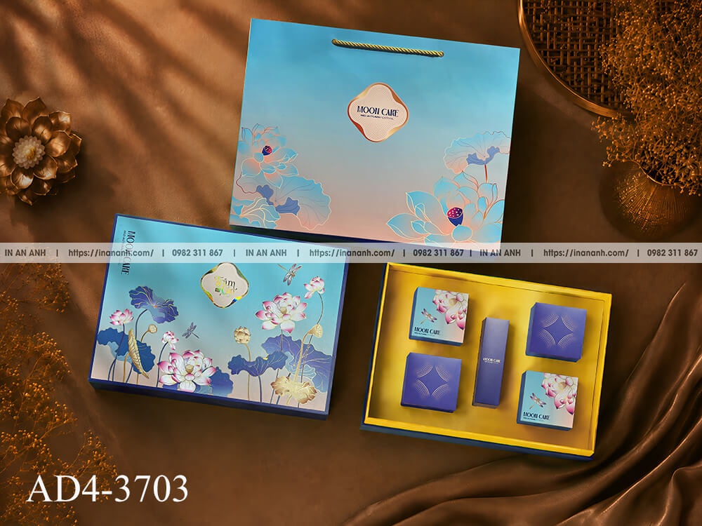 Hộp bánh trung thu âm dương mã AD4-3703 mẫu Tâm hoa sen chuồn chuồn tông xanh dương pastel