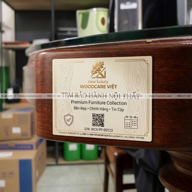 Mẫu Tem Bảo Hành Nội Thất, Đồ Gỗ — Decal Giấy Bạc Cán Bóng, Khổ Chữ Nhật Dán Đáy Sản Phẩm
