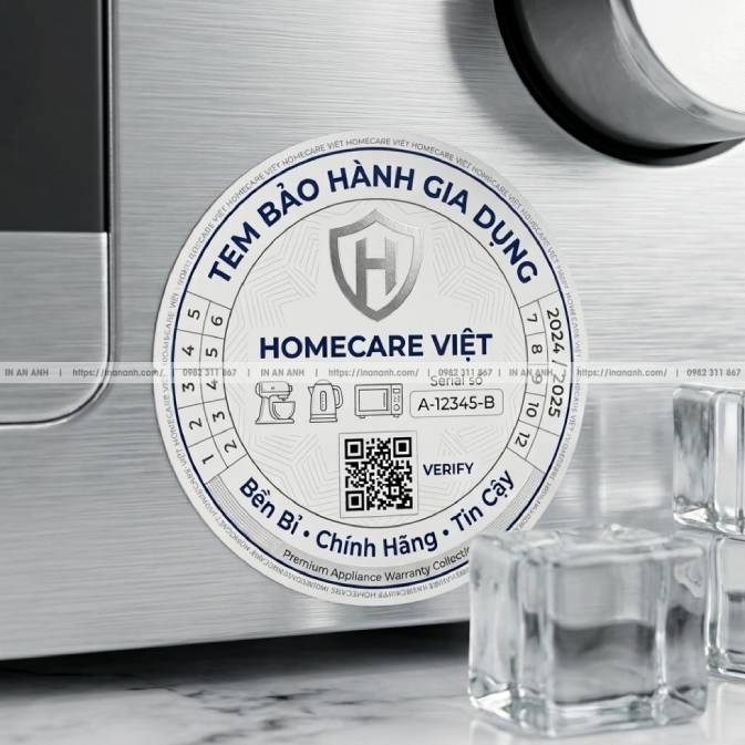 Mẫu Tem Bảo Hành Sản Phẩm Gia Dụng — Decal Giấy Bạc Cán Bóng, Khổ Tròn Nhỏ