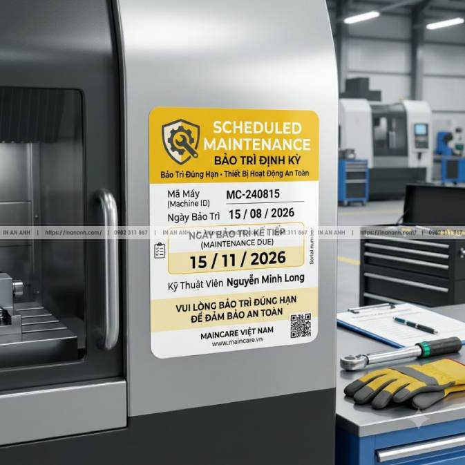 Mẫu Tem Bảo Trì Máy Móc Thiết Bị (Maintenance Due) — Decal Giấy Nhỏ, Ghi Ngày Bảo Trì Kế Tiếp