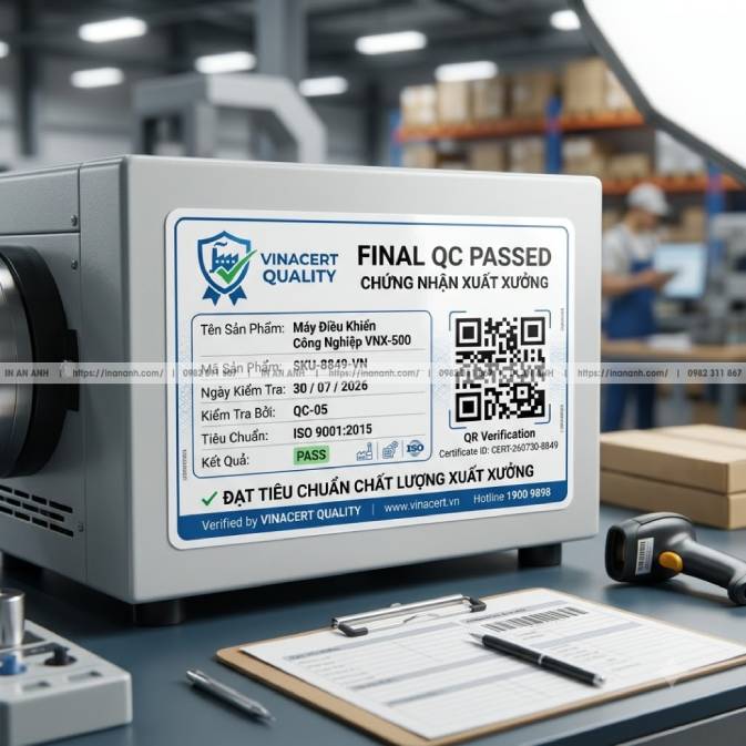 Mẫu Tem Chứng Nhận Xuất Xưởng (Final QC/Certificate) — Decal Giấy Trắng Cán Bóng, Kèm Mã QR Chứng Nhận