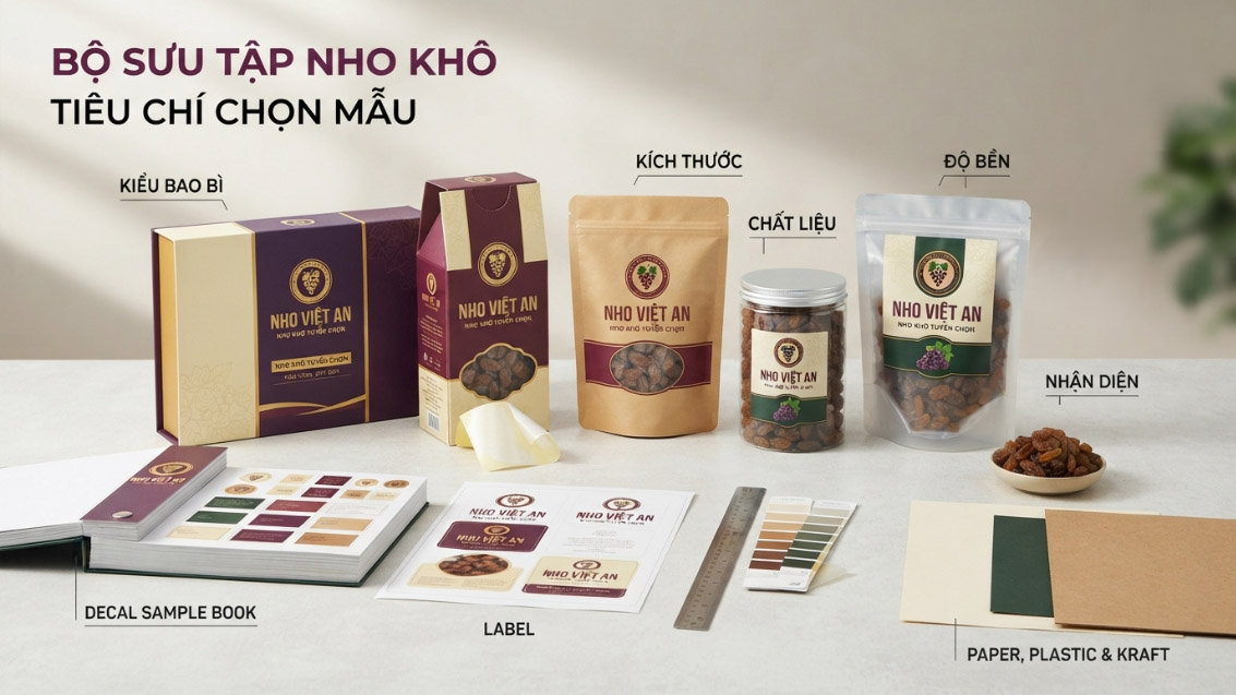 Mẫu Tem Decal & Hộp Nho Khô Cao Cấp — giới thiệu bộ sưu tập và tiêu chí chọn mẫu