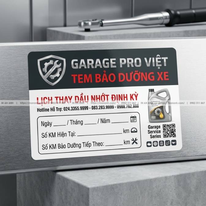 Mẫu Tem Garage Sửa Xe, Thay Nhớt — Decal Giấy Cán Bóng, Ghi Số Km & Ngày Bảo Dưỡng