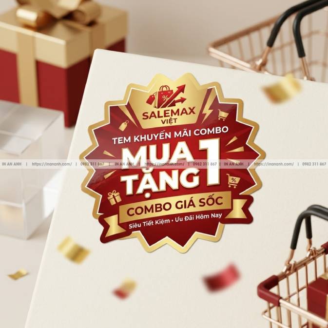 Mẫu Tem Khuyến Mãi Combo (Mua 1 Tặng 1, Combo Giá Sốc) — Decal Giấy Màu Nổi Bật, Bo Hình Ngôi Sao