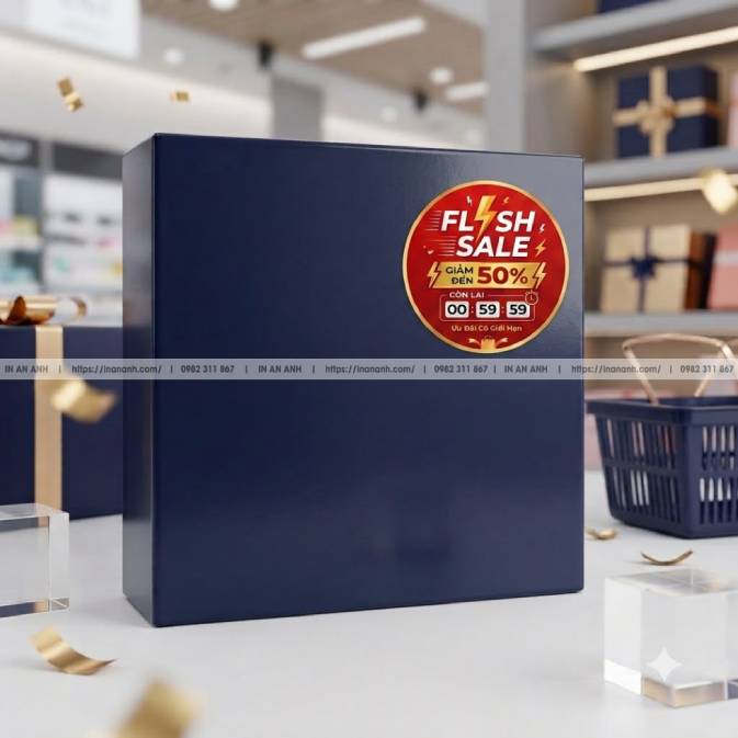 Mẫu Tem Khuyến Mãi Flash Sale — Decal Giấy Đỏ Nổi Bật, Có Ô Trống Đếm Ngược Thời Gian