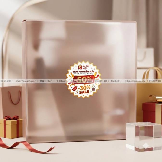 Mẫu Tem Khuyến Mãi, Giảm Giá (Sale %) — Decal Giấy Cán Bóng Tông Đỏ Vàng Nổi Bật