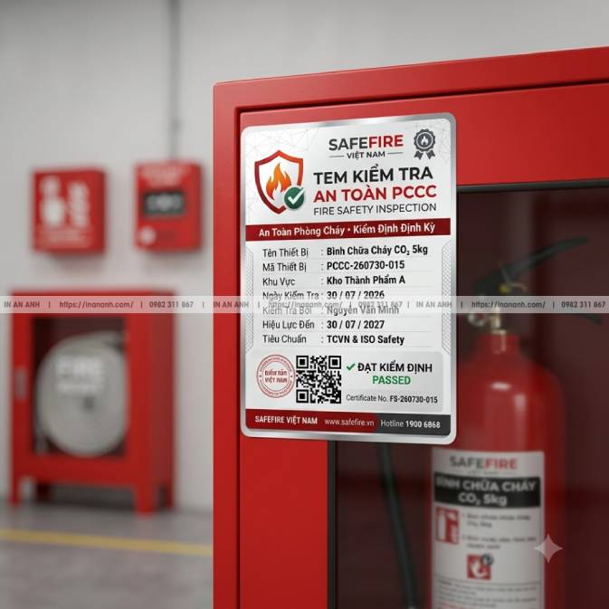 Mẫu Tem Kiểm Tra An Toàn PCCC — Decal Giấy Phản Quang, Có Dấu Kiểm Định Định Kỳ