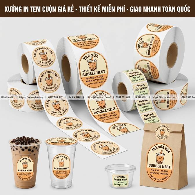 Mẫu Tem Nhãn Decal Cuộn Công Nghiệp — In Số Lượng Lớn, Bế Theo Khuôn Máy Dán Tự Động