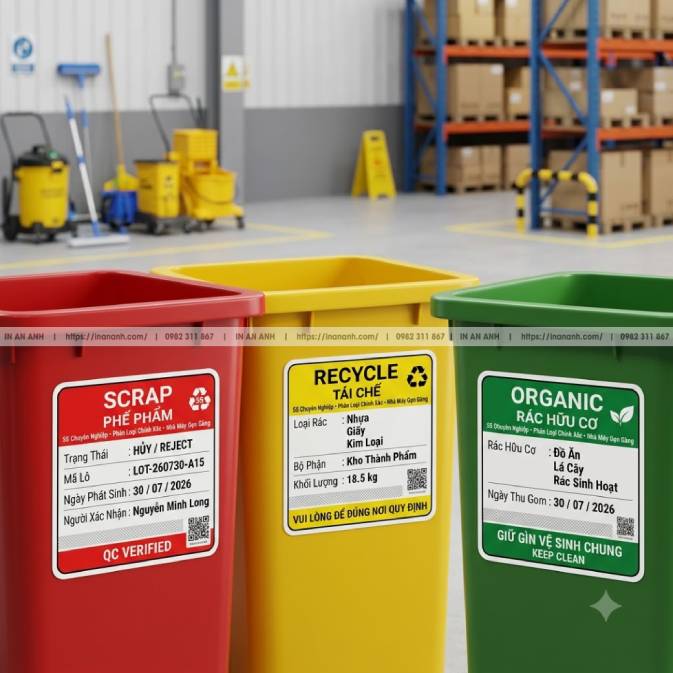 Mẫu Tem Phân Loại Phế Phẩm, Rác Tái Chế — Decal Giấy Màu Theo Từng Loại, Chống Ẩm Ngoài Trời