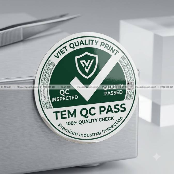 Mẫu Tem QC Pass (Đạt) — Decal Giấy Cán Bóng Tông Xanh Lá, Chữ 'PASS/OK' Nổi Bật