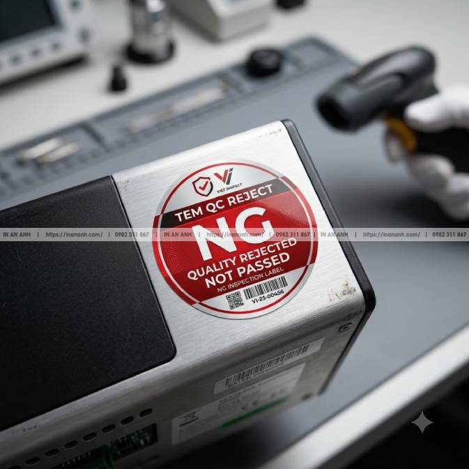 Mẫu Tem QC Reject/NG (Không Đạt) — Decal Giấy Cán Bóng Tông Đỏ, Chữ 'NG/REJECT' Cảnh Báo