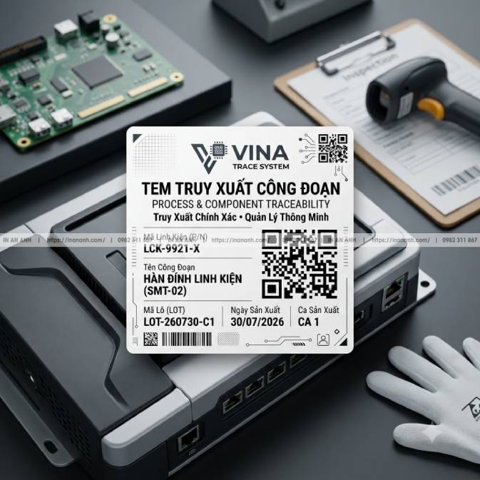Mẫu Tem Truy Xuất Linh Kiện/Công Đoạn — Decal Giấy Chịu Nhiệt, Mã QR/Barcode 2D Sắc Nét