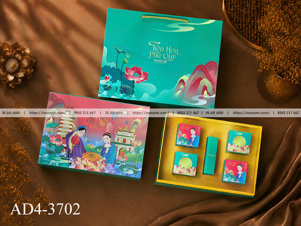Hộp bánh trung thu âm dương mã AD4-3702 mẫu Tiên Hoa Phú Quý thiếu nữ áo dài hoa sen tông đỏ xanh ngọc