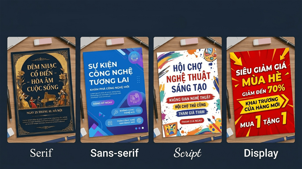 Phân Loại Serif, Sans-Serif, Script Và Display