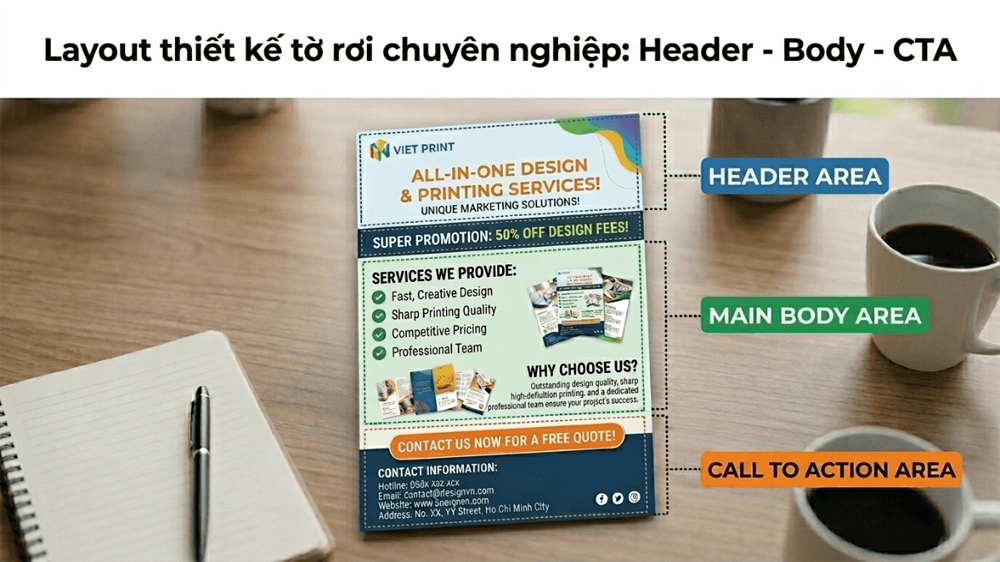 Phân Vùng Thiết Kế Tờ Rơi Chuyên Nghiệp: Header - Body - CTA