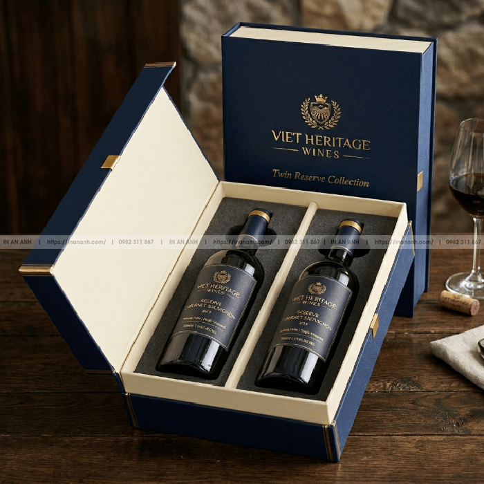 Hộp cứng đựng rượu âm dương 2 chai khay xốp PE