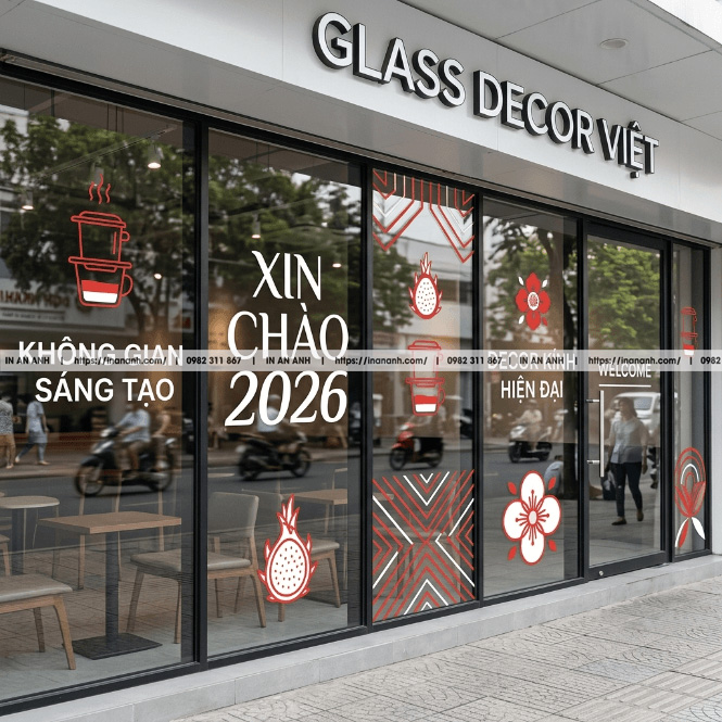 In sticker dán trên kính quán cafe độc đáo