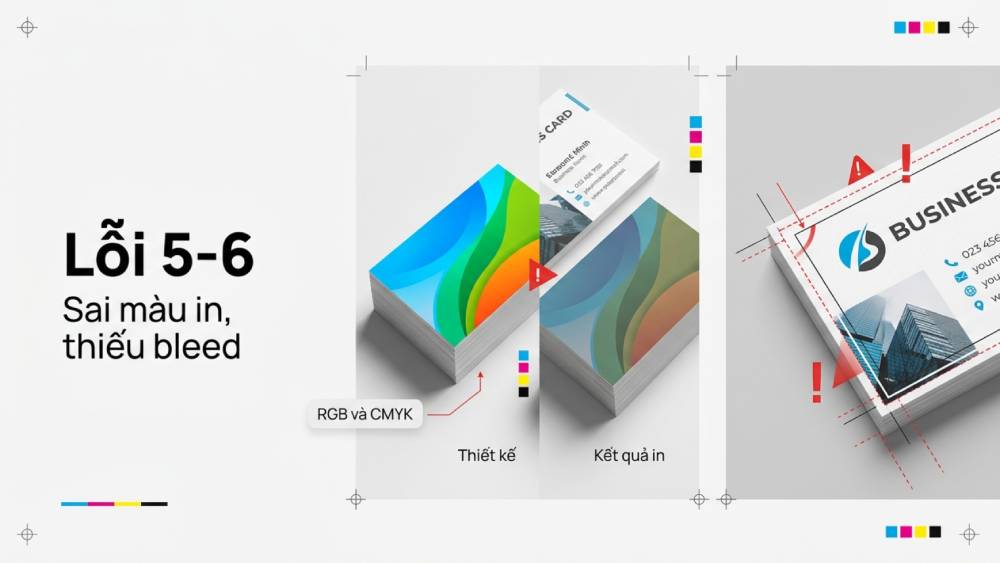 Lỗi 5-6: sai màu in (RGB vs CMYK), thiếu bleed