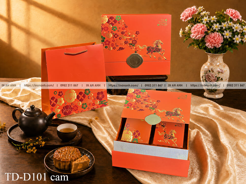 Hộp bánh trung thu TD-D101 màu cam kéo ngăn ngựa vàng hoa văn cổ điển