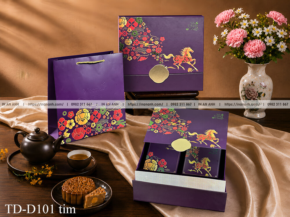 Hộp bánh trung thu TD-D101 màu tím kéo ngăn ngựa vàng hoa văn cổ điển