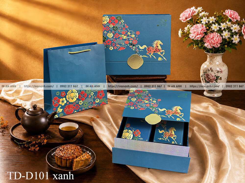 Hộp bánh trung thu TD-D101 màu xanh kéo ngăn ngựa vàng hoa văn cổ điển