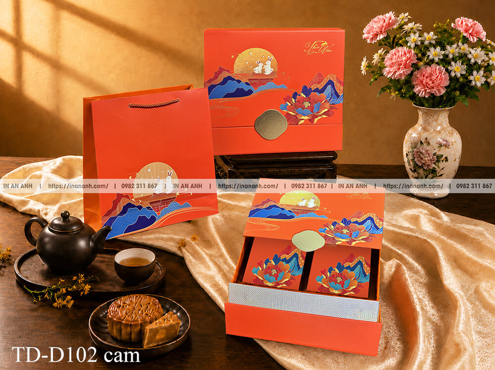Hộp bánh trung thu TD-D102 màu cam kéo ngăn thỏ ngọc hoa mẫu đơn