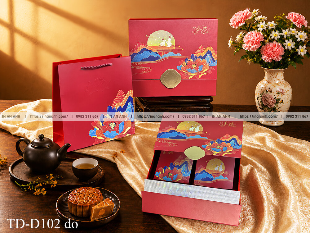 Hộp bánh trung thu TD-D102 màu đỏ kéo ngăn thỏ ngọc hoa mẫu đơn