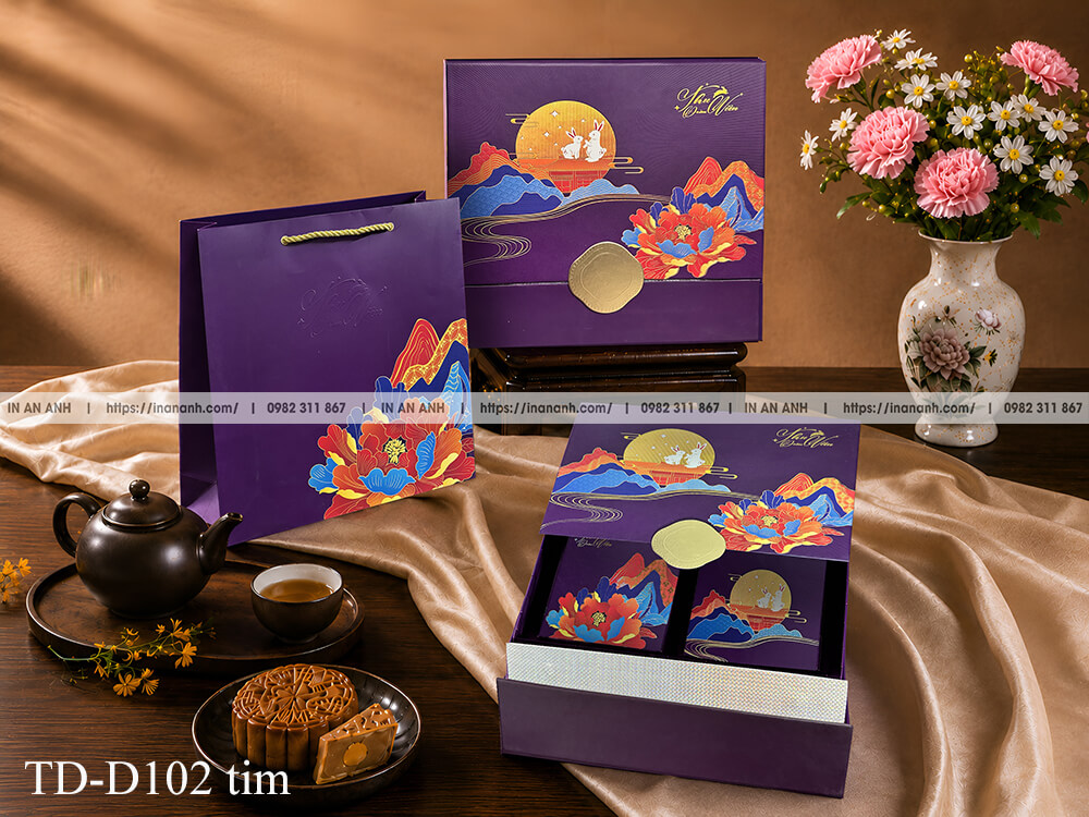 Hộp bánh trung thu TD-D102 màu tím kéo ngăn thỏ ngọc hoa mẫu đơn