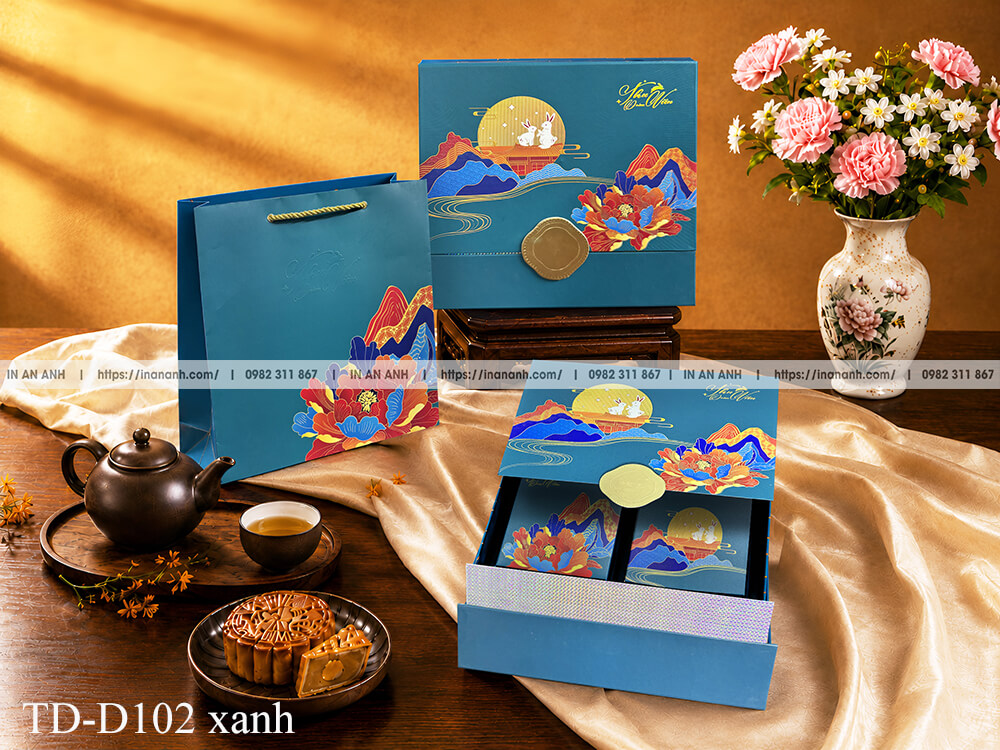 Hộp bánh trung thu TD-D102 màu xanh kéo ngăn thỏ ngọc hoa mẫu đơn