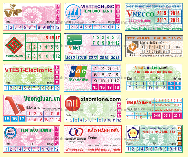 Các mẫu tem bảo hành dạng vuông, tròn cho nhiều ngành hàng khác nhau