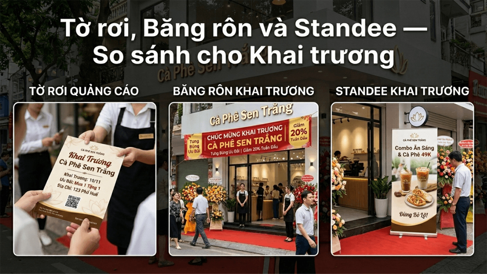 Tờ Rơi Với Banner Với Standee — So Sánh Cho Doanh Nghiệp Khai Trương