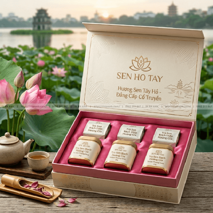 Hộp cứng đựng trà sen nam châm khay lụa hồng