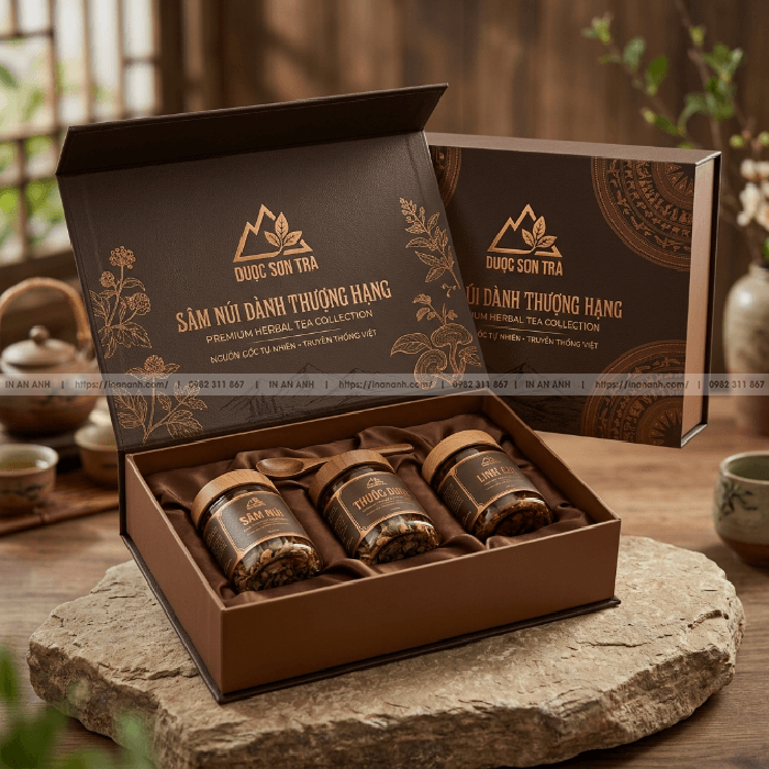 Hộp cứng đựng trà sâm núi Dành nam châm khay lụa nâu