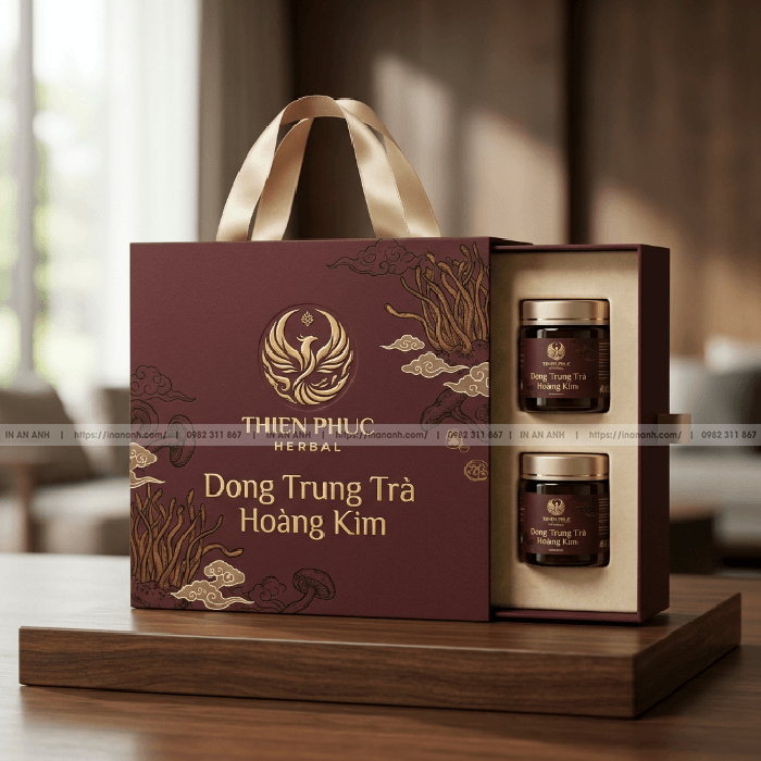 Hộp cứng đựng trà đông trùng hạ thảo nắp rút quai lụa