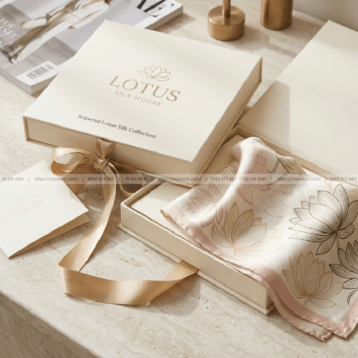 Hộp cứng đựng khăn lụa quai lụa khay giấy ivory