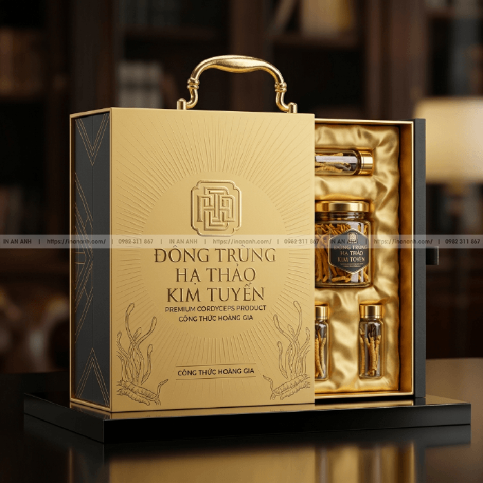 Hộp cứng đựng đông trùng hạ thảo nam châm quai mạ vàng